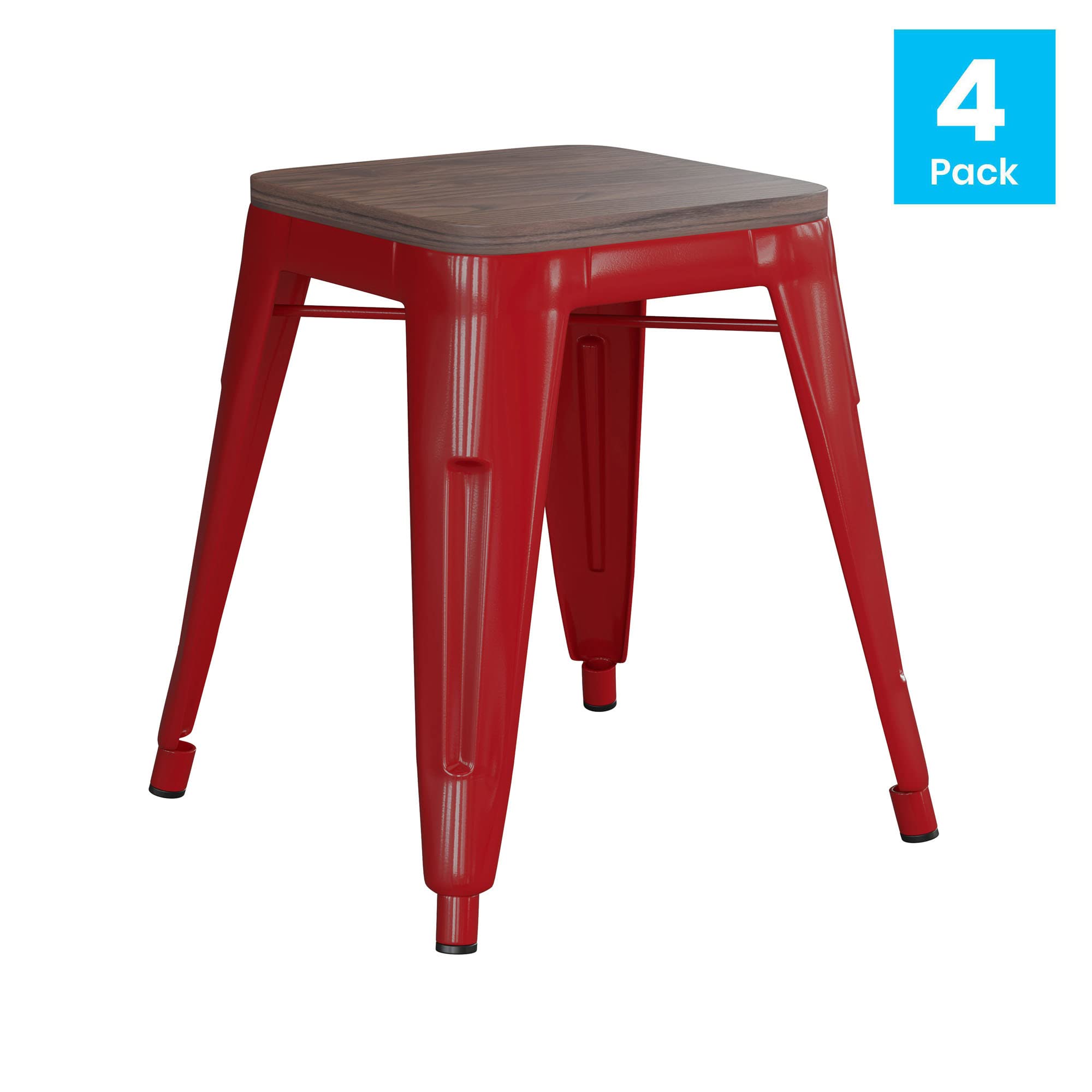Flash Furniture Metal Dining Table Height Stool with Wooden Seat Set of 4 - Backless Red Kai Commercial Grade Stool - Kai 18" Stackable Dining Chairs