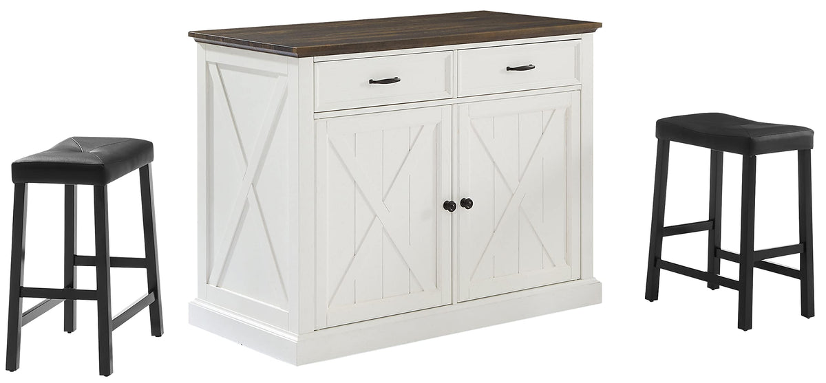 Crosley Furniture Clifton Kitchen Storage Island, Microwave Stand, Coffee Bar And Set Of 2 Upholstered Saddle Stools, Distressed