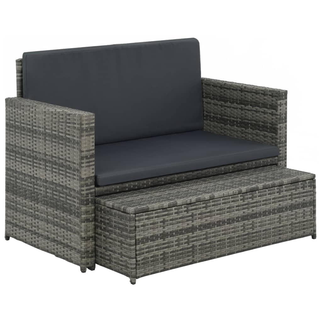 vidaXL Patio Lounge Set - 2 Piece Outdoor Furniture with Convertible Sofa Bed, Space Saving Footstool, Removable & Washable Cushion Covers, Durable Poly Rattan & Powder-Coated Steel Frame, Gray