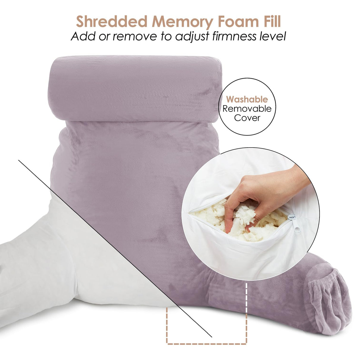 Nestl Large Dusty Purple Reading Pillow - Shredded Memory Foam Back Support for Bed and Chair with Pockets, Ideal for Reading and Relaxing
