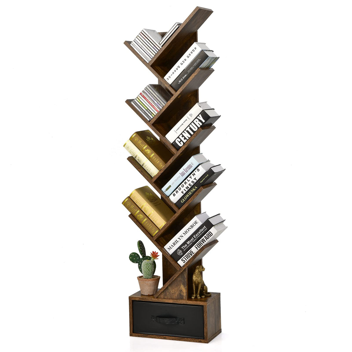 Giantex Tree Bookshelf With Drawer, 10 Shelf Space Saving White Wooden Bookcase, Freestanding Retro Wood Storage Rack, Decorative Bookshelf With Storage