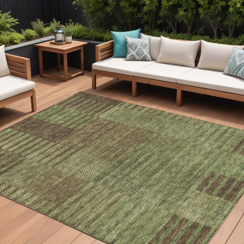 9' X 12' Brown Taupe And Green Striped Washable Indoor Outdoor Area Rug