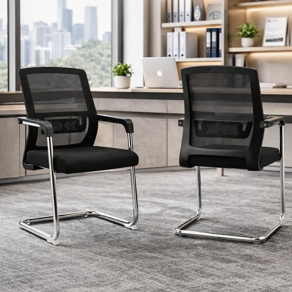 Mlu Ergonomic Mesh Office Guest Chair Set Of 2 With Lumbar Support, Metal Cantilever Frame, Breathable Back, Cushioned Seat, Vis