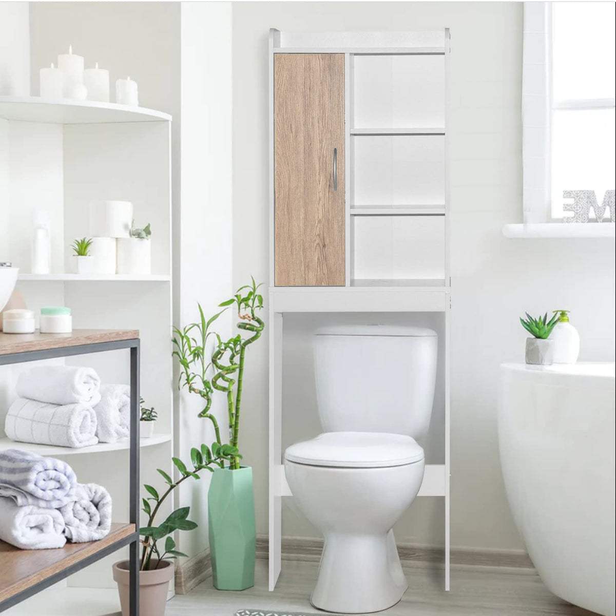 Woodpeckers Furniture And Mattress Ace Over The Toilet Storage Rack (White + Natural Oak)