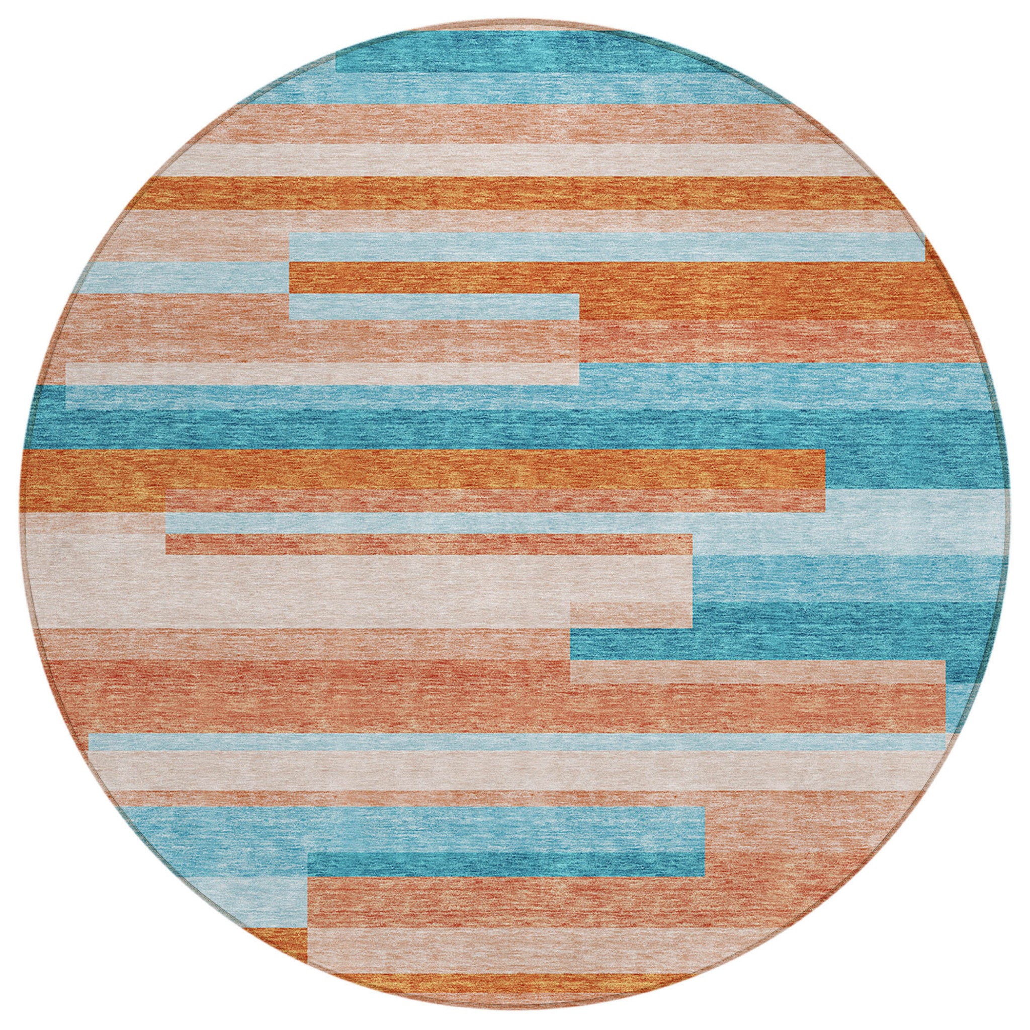 8' Orange Teal Blue And Salmon Round Striped Washable Indoor Outdoor Area Rug