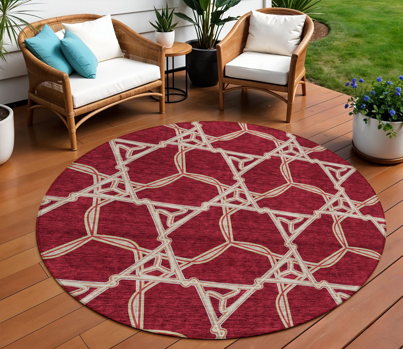 8' Burgundy And Gold Round Geometric Washable Indoor Outdoor Area Rug