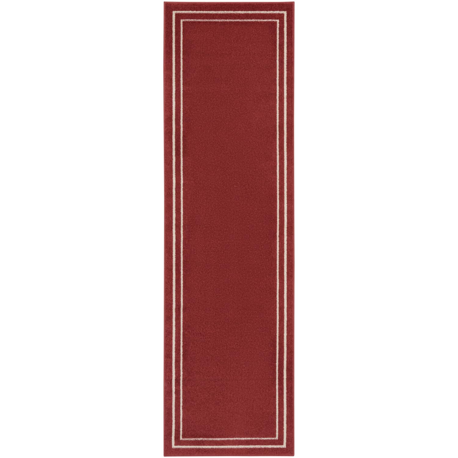 Nourison Essentials Indoor/Outdoor Solid Bordered Brick/Ivory 2'2' X 7'6 Area Rug, Easy Cleaning, Non Shedding, Bed Room, Livin