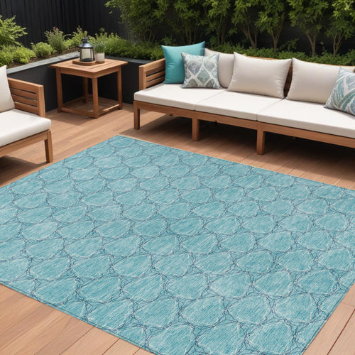 10 X 14 Teal Blue And Navy Blue Geometric Washable Indoor Outdoor Area Rug