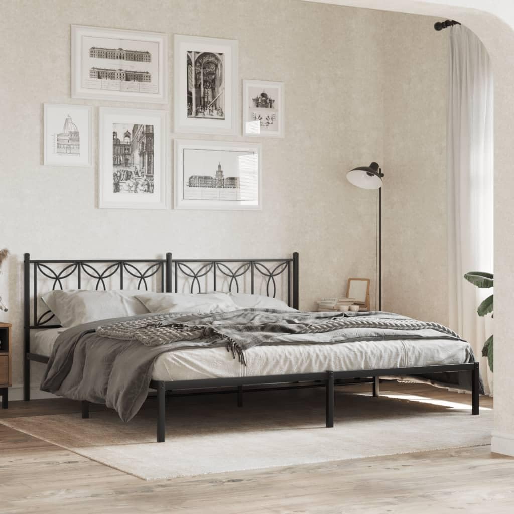 vidaXL Metal King Size Bed Frame with Headboard - Black Steel, Metal Slats & Legs, Storage Space, 81.5"x78"x35.4"