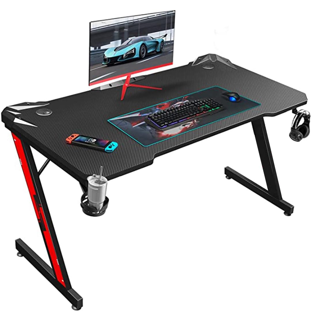 White Mulberry Gaming Desk, Computer Desk with Carbon Fiber Surface, Z Shaped Gaming Table, PC Gaming, Workstation, Home Office 