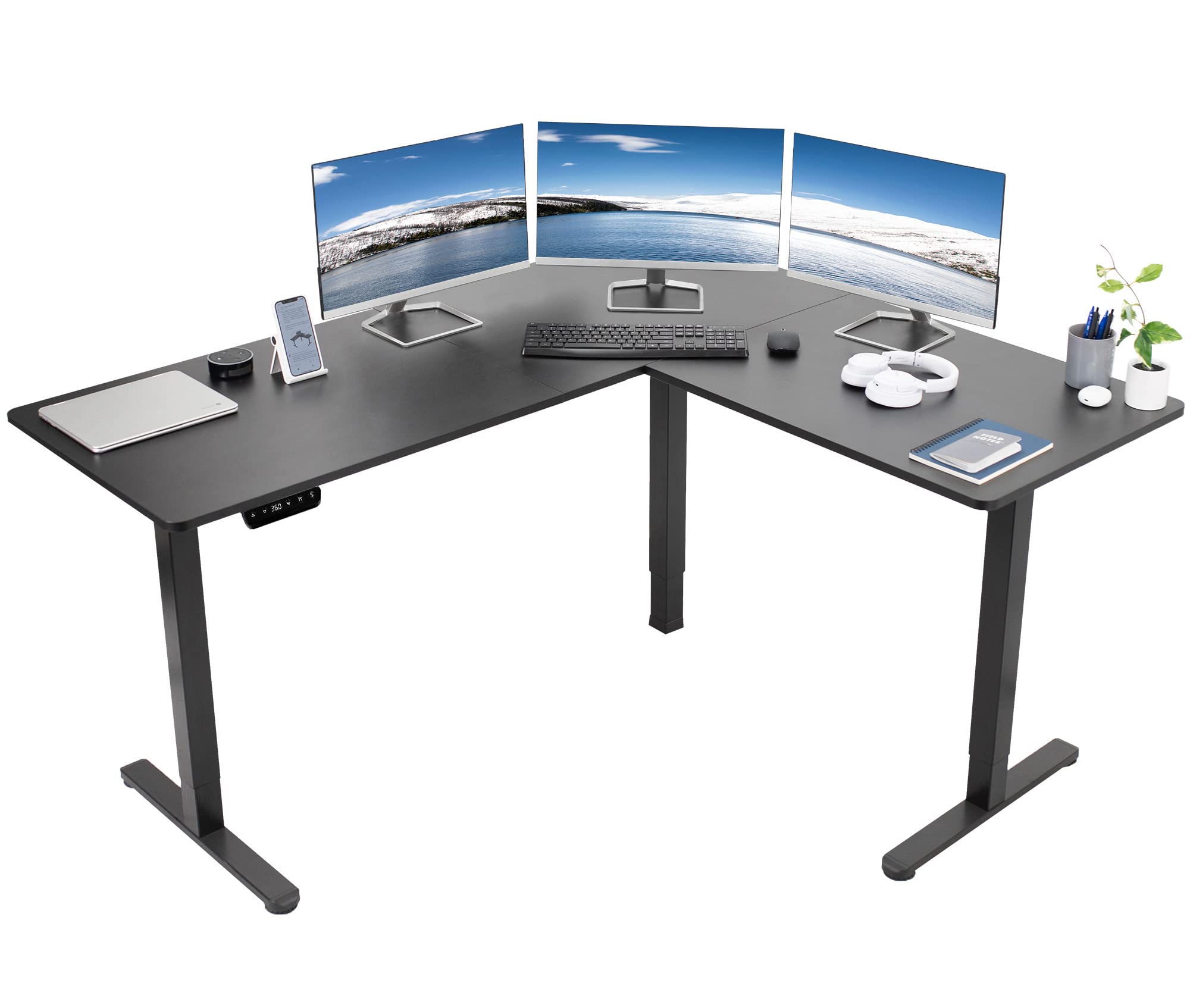 VIVO Electric Height Adjustable 63 x 55 inch Corner Stand Up Desk, Black Table Top, Black Frame, L-Shaped Standing Workstation, 