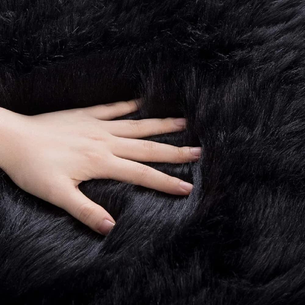 Orinova Washable Rug 6X9 Area Rugs For Living Room Black Fuzzy Faux Sheepskin Shag Fur Rug For Bedroom Nursery Rectangle Rug Hom
