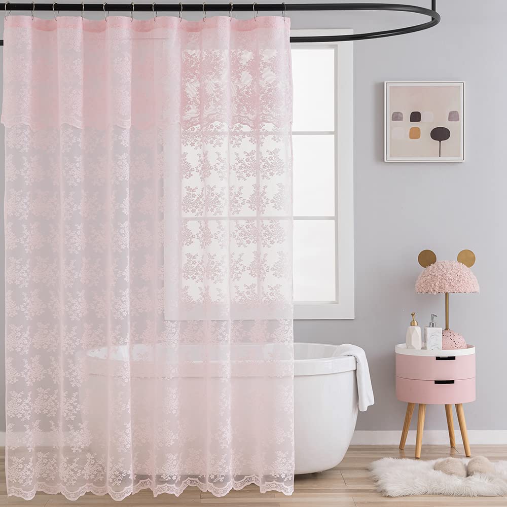TUDECO Pink Shower Curtain - Shabby Chic Lace Shower Curtain with Attach Valance for Bathroom, Cute Sheer Vintage Coquette Flora