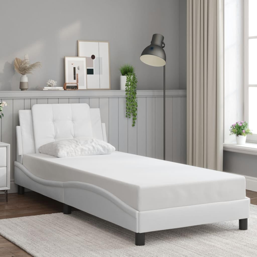 vidaXL Twin Faux Leather Bed Frame with Headboard, Plywood Slats, 39.4"x74.8", White