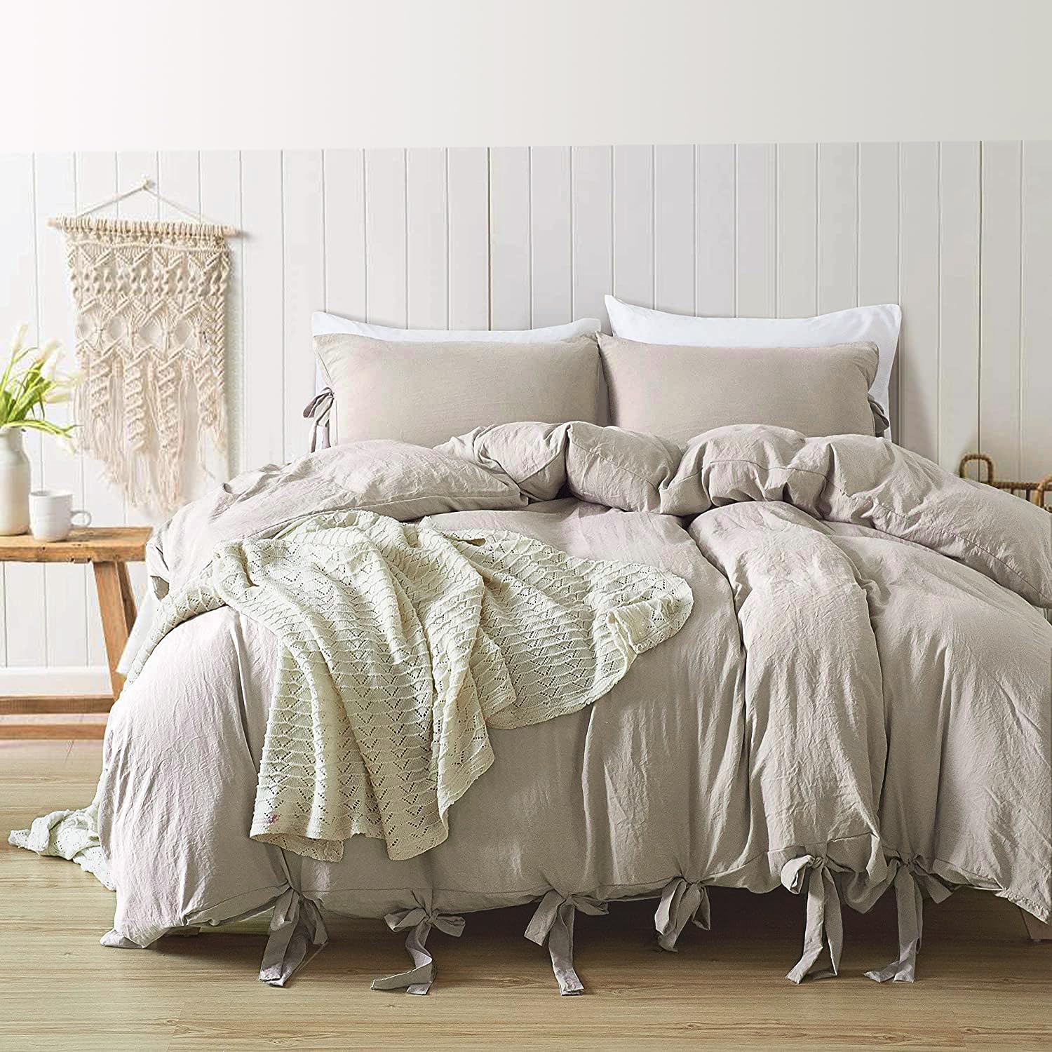 Annadaif Khaki Duvet Cover Queen Size, 3 Pieces Soft Washed Microfiber Duvet Cover Set, Comforter Cover With Bowknot Bow Tie (1