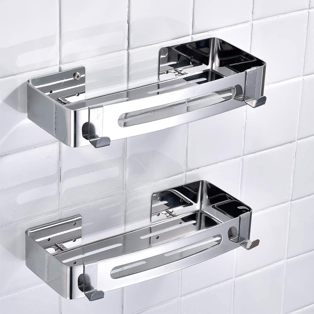 Hawsam 2Packs No Drilling Shower Shelf  304 Stainless Steel Glue Bathroom Shelf Caddy Adhesive Storage Basket for Shampoo (Squa