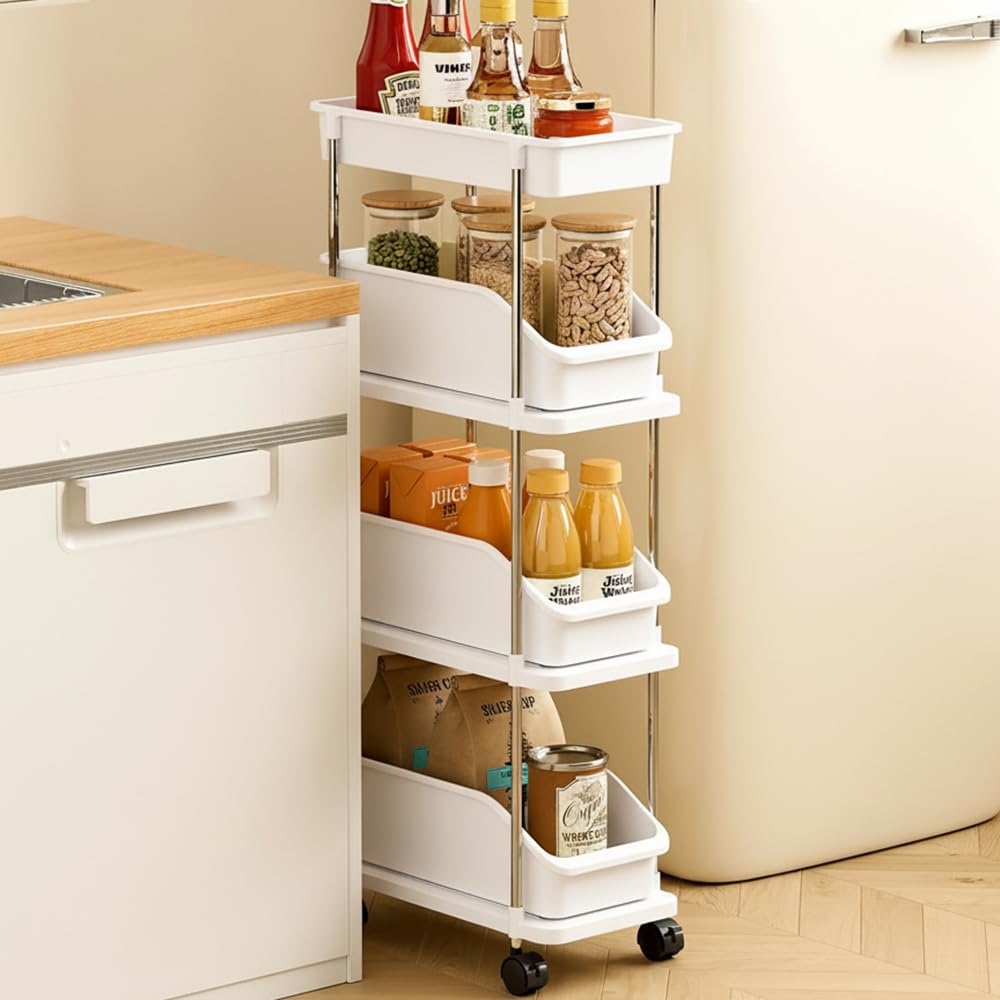 Slim Storage Cart 4 Tier Slim Rolling Utility Cart with PullOut Baskets & Wheels for Narrow Space in Kitchen Dining Room Bathro
