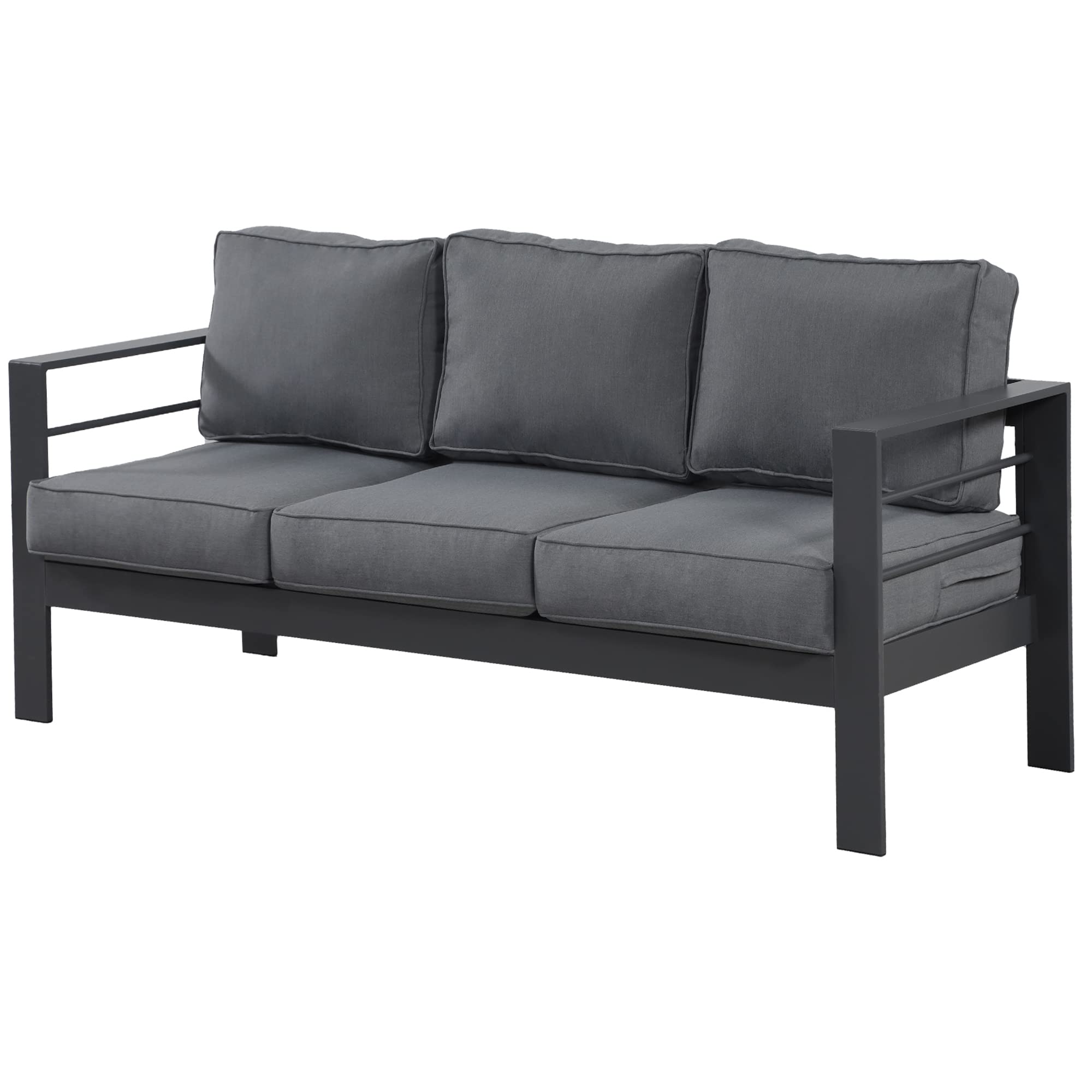 Wisteria Lane Patio Furniture Aluminum Sofa, All-Weather Outdoor 3 Seats Couch, Gray Metal Chair With Dark Grey Cushions