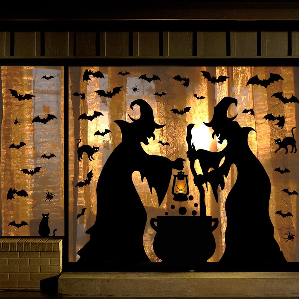 Halloween Decorations Window Clings Decor, Extra Large Witches with Black Cat Bats Spider Cauldron Silhouette Halloween Window S