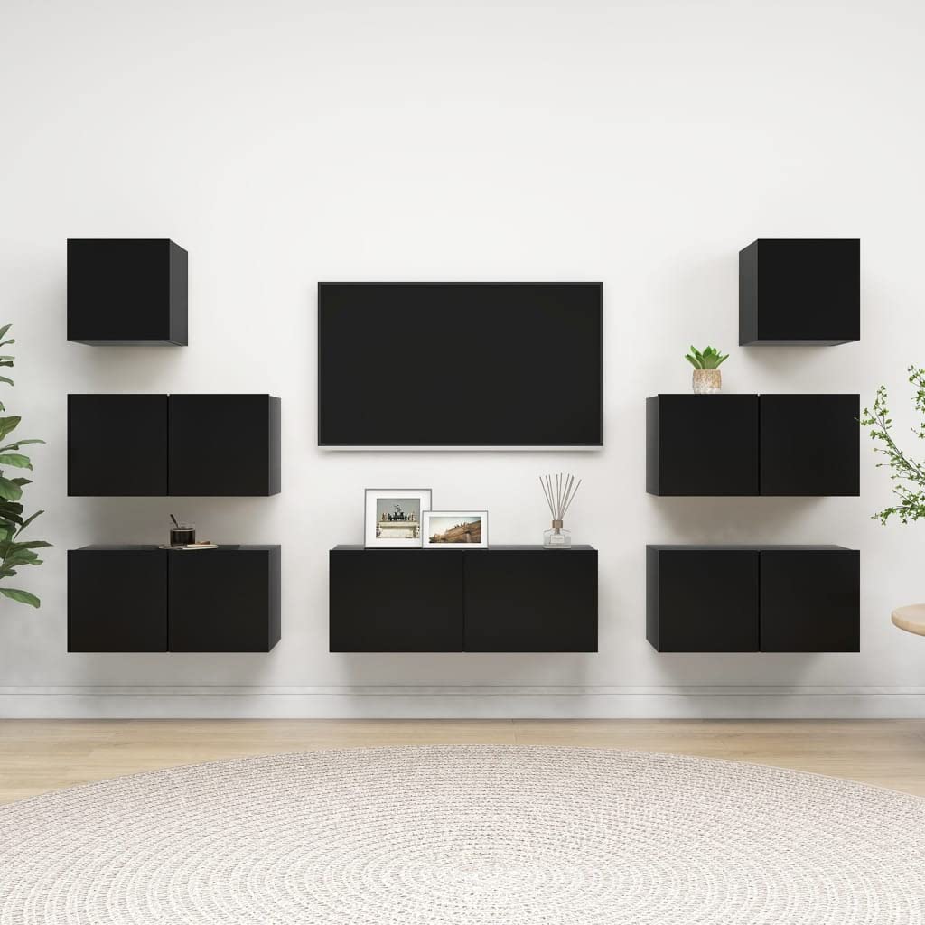 vidaXL TV Cabinet Set 7 Piece Home Indoor Living Room Hanging Wall-Mounted Stereo Plasma HiFi Cabinet TV Unit Furniture Black Engineered Wood