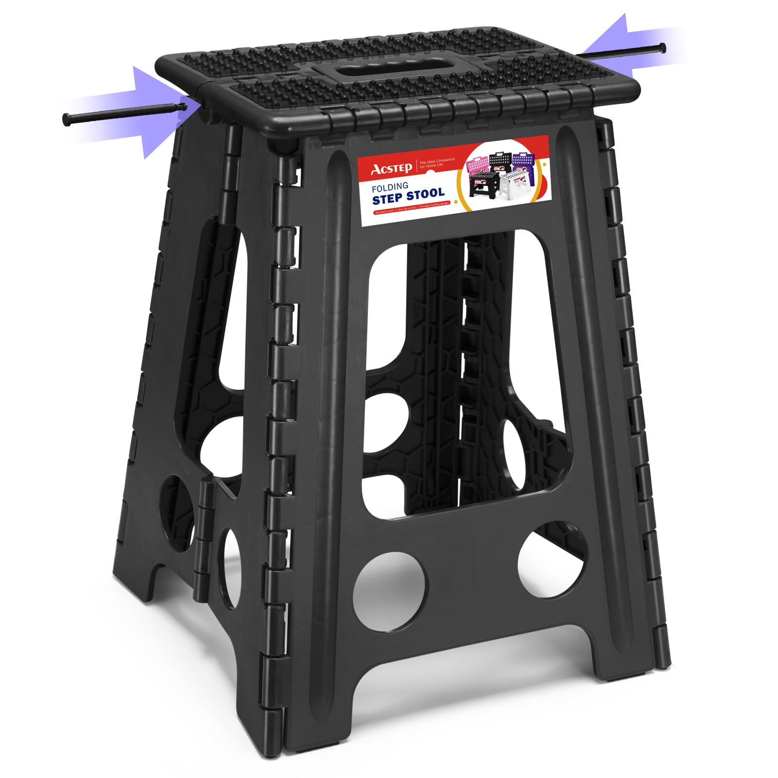 Acstep 17.5 Inch Folding Step Stool For Adults And Kids, Non-Slip Plastic Foldable Stepping Stool, Collapsible Folding Stool With Handle Holds Up To 400Lbs For Kitchen, Dot Black (1 Pack)
