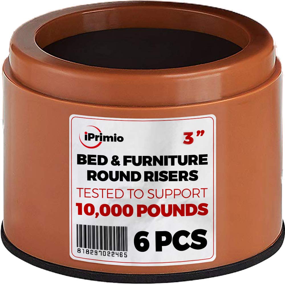 Iprimio Bed Risers - Round, 3 Inch Lift, Heavy Duty, 6 Pack, Up To 10000Lbs - Bed Raising Blocks, Furniture Risers - Safe, Sturd