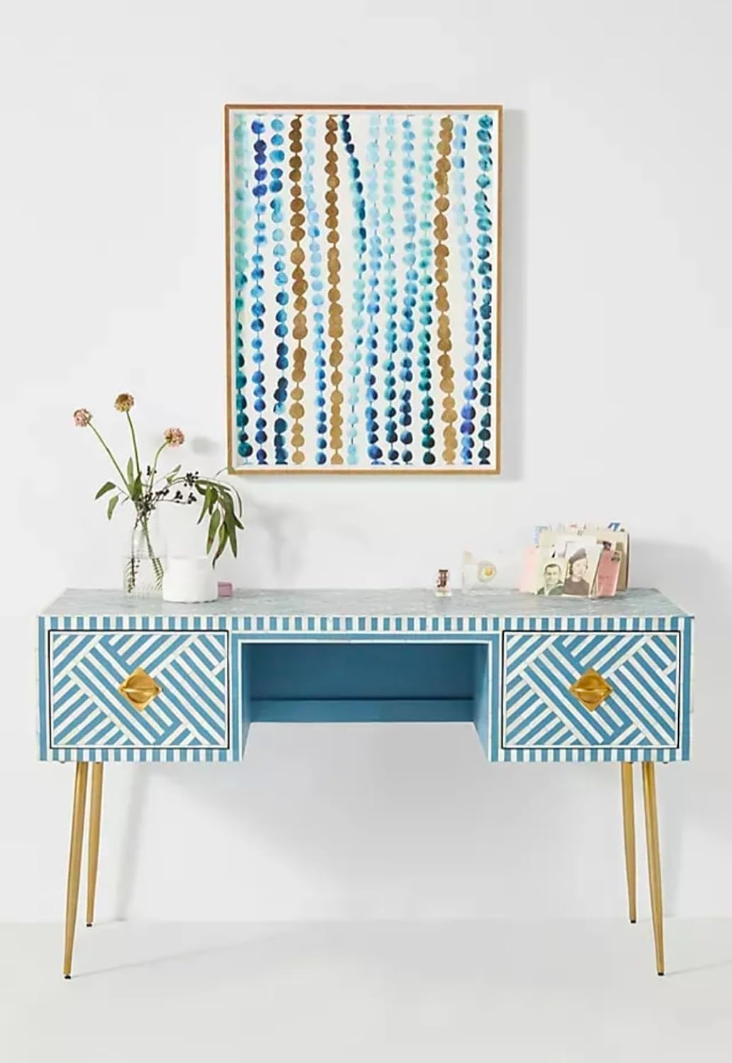 Bone Inlay Work Desk  2 Drawer, Blue Colour, Handmade Office & Study Table, W120 X D45 X H76 Cm