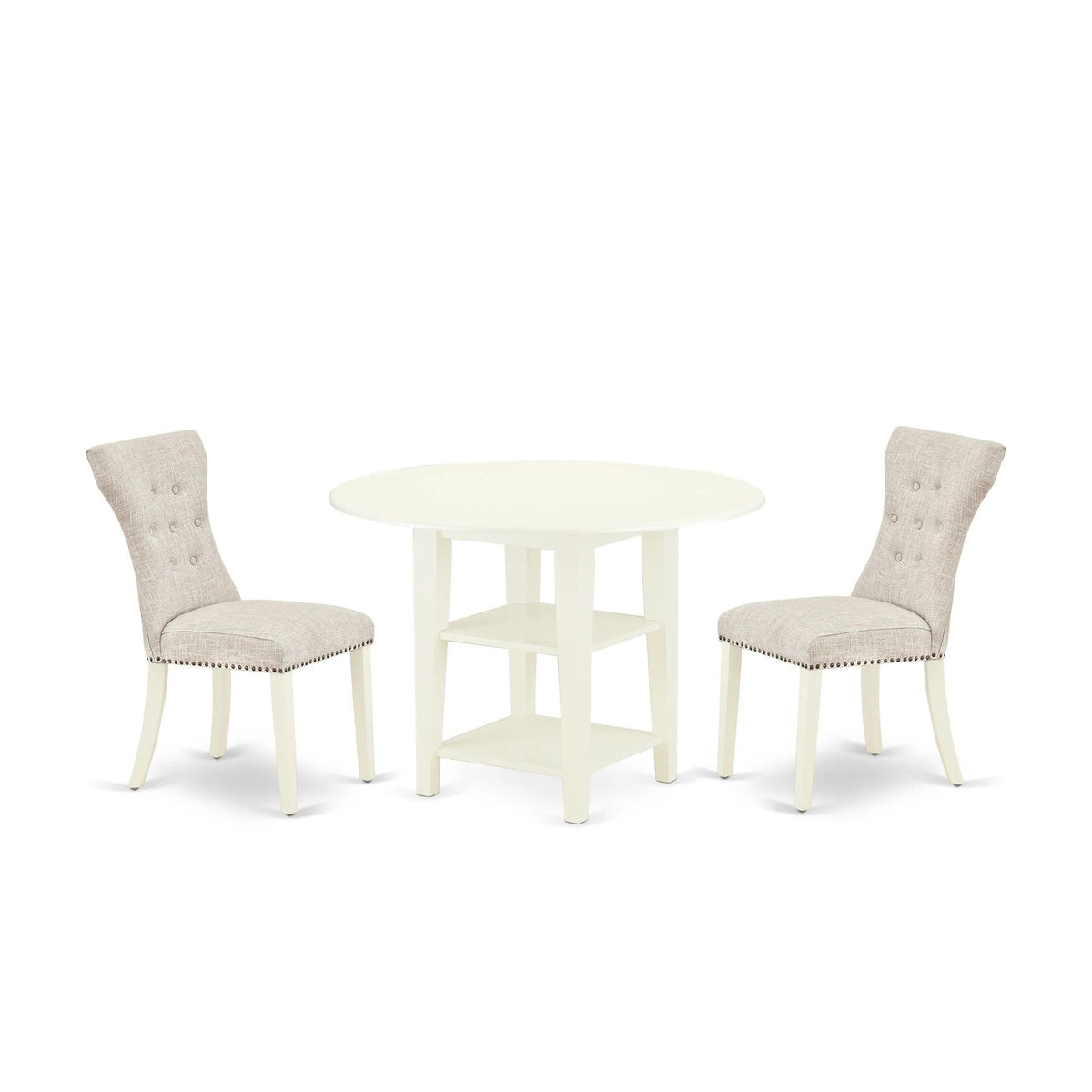 East West Furniture Suga3-Lwh-35 3 Piece Kitchen Table Set For Small Spaces Contains A Round Dining Table With Dropleaf And 2 Doeskin Linen Fabric Upholstered Chairs, 42X42 Inch, Linen White