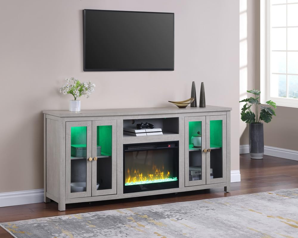 LILOLA LIVING Ellington 70' W White Walnut Finish Fireplace TV Stand Console with LED Light, Cabinets, Shelves