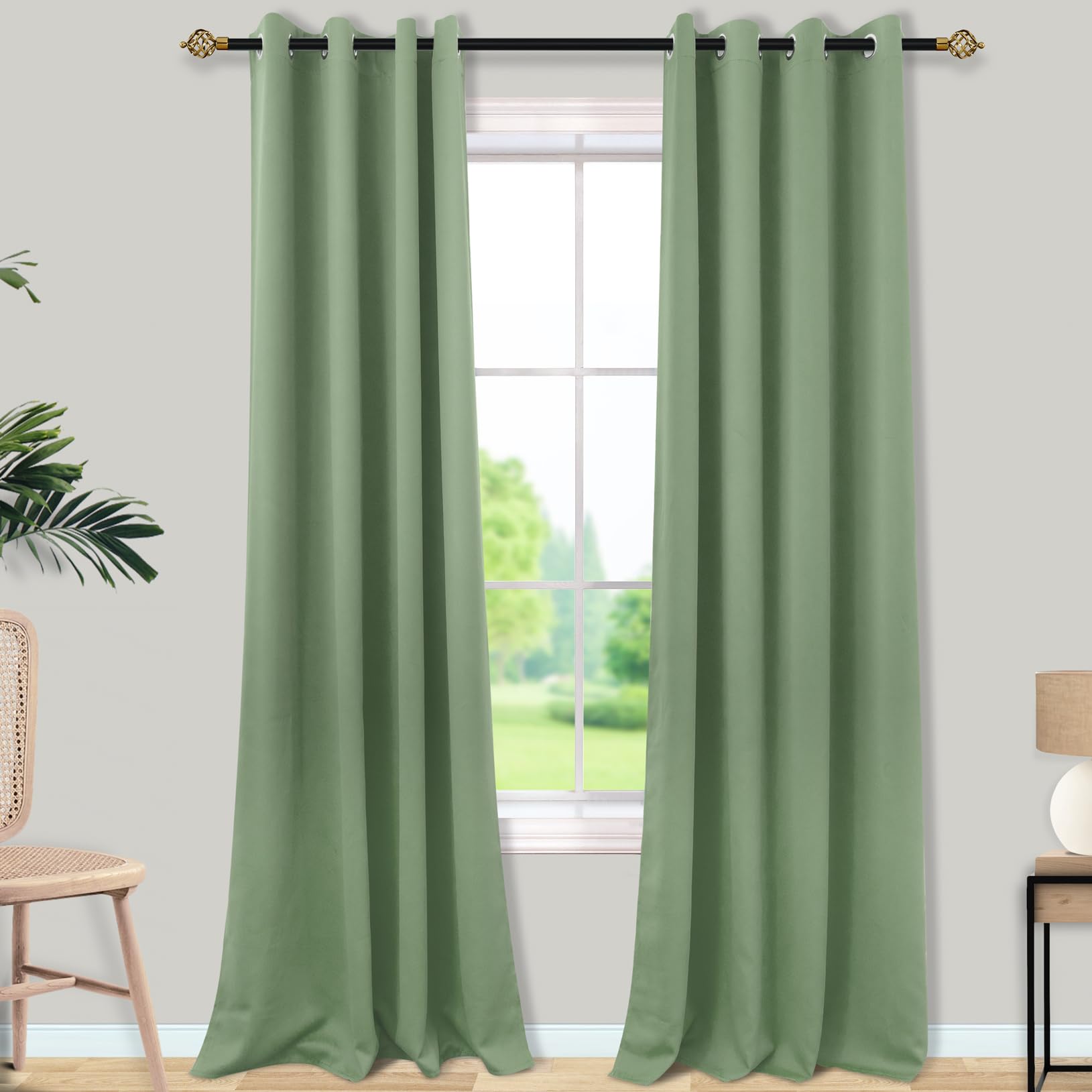 Mrs.Naturall Sage Green Curtains 102 Inches Long for Living Room 2 Panels Set,Heat Blocking Thermal Insulated Boho Blackout Grom