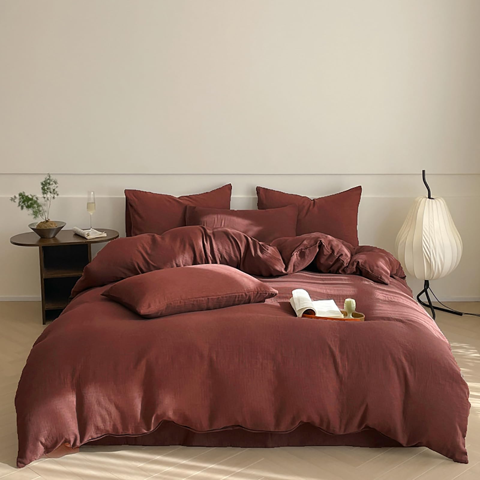Luxlovery Brick Red Comforter Set California King Dark Rust Red Bedding Comforter Set Solid Blackish Red Cotton Soft Breathable