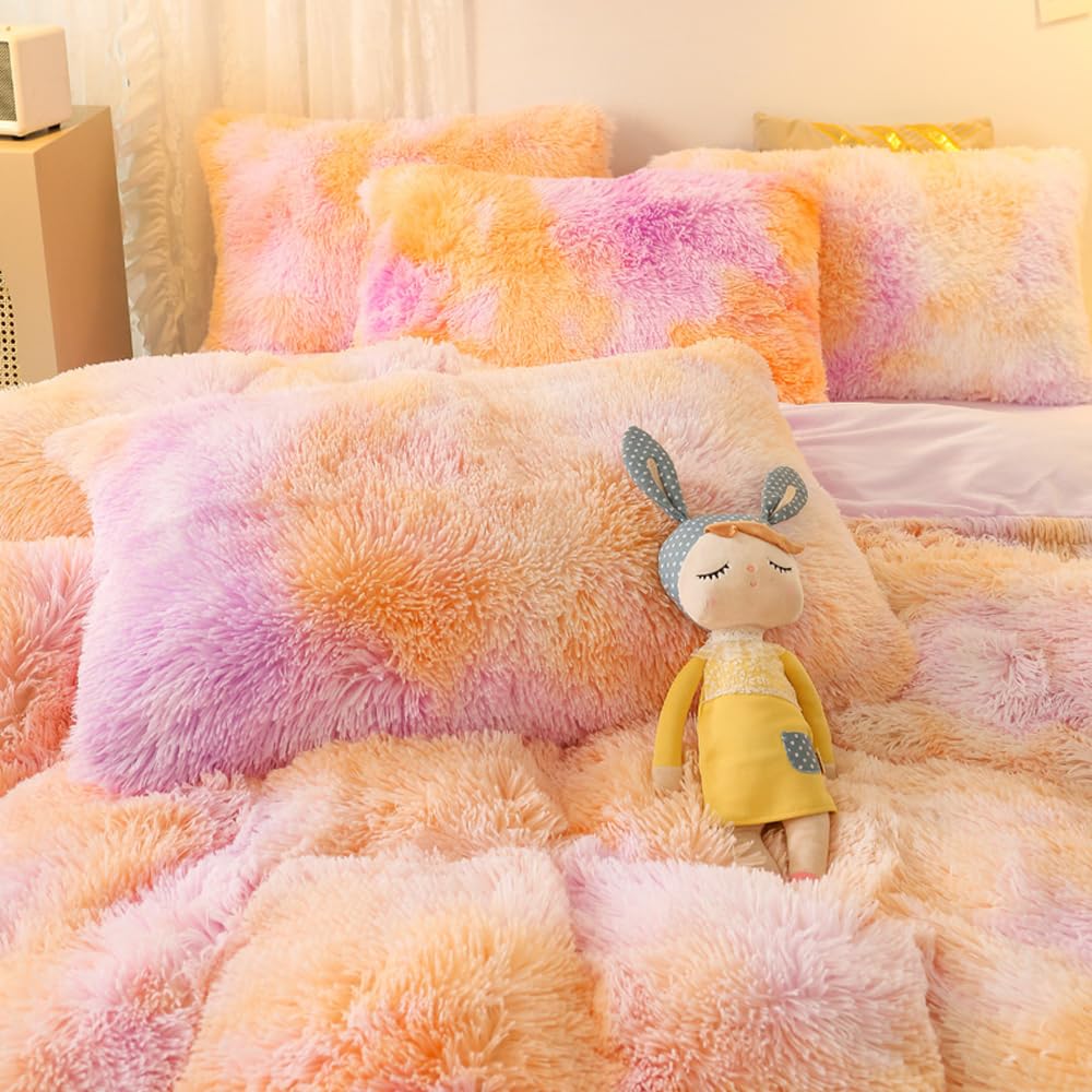Sucses Plush Shaggy Duvet Cover Set For Girls, 3 Pcs Fluffy Full Size Bedding Sets, Faux Fur Tie Dye Teen Girl Bed Set, Colorful