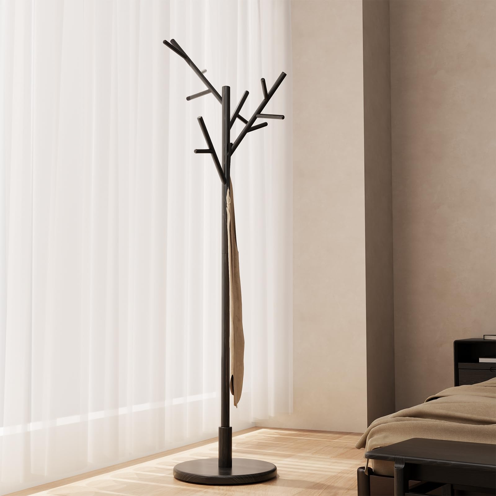 Muwuele Coat Rack, Solid Wood Coat Rack Freestanding With 12 Hooks, Coat Tree Freestanding 3 Adjustable Heights For Coat, Hats,