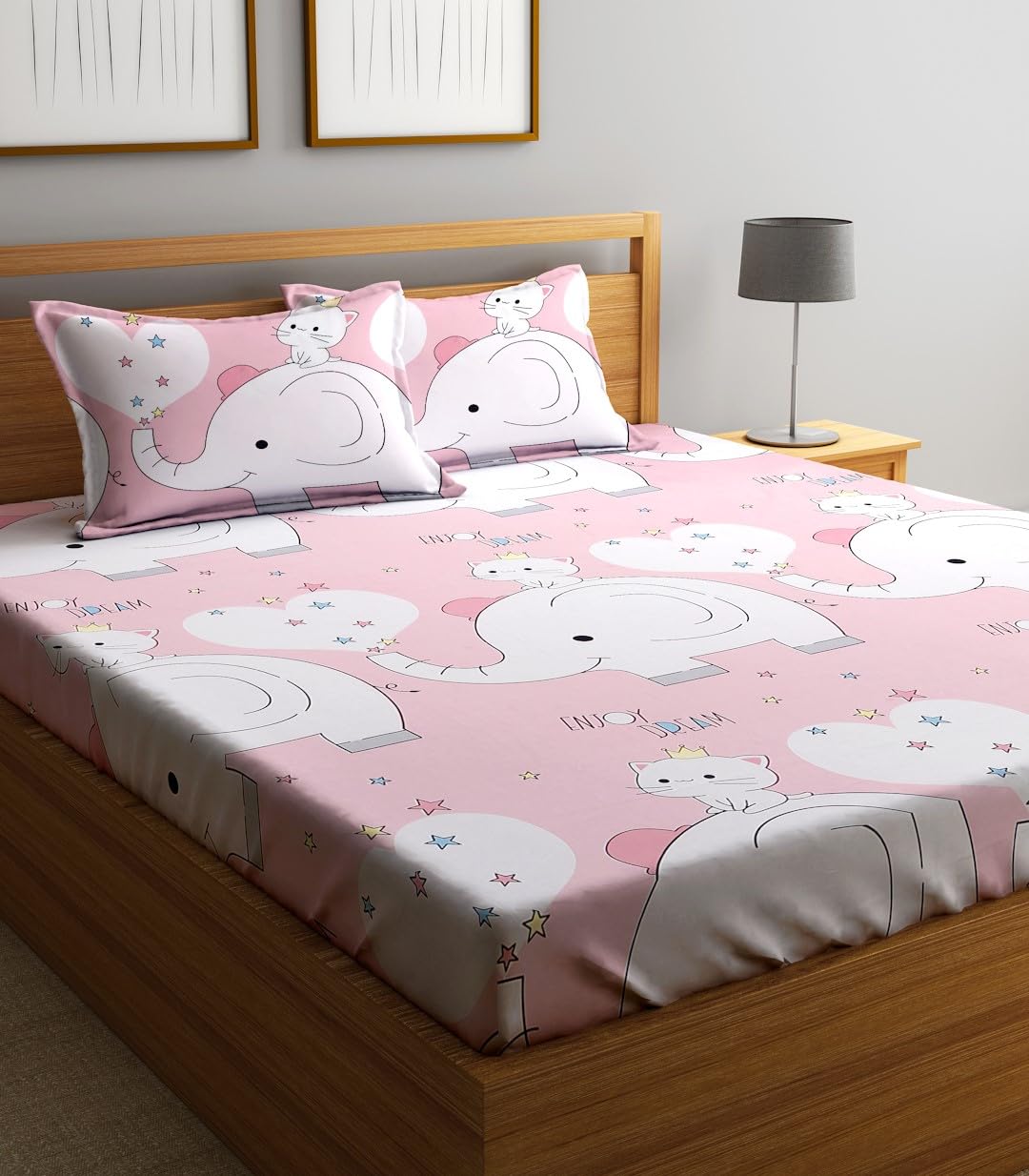 Home Sizzler 144Tc KidS Elephant & Kitty Double Bedsheet With 2 King Size Pillow Covers