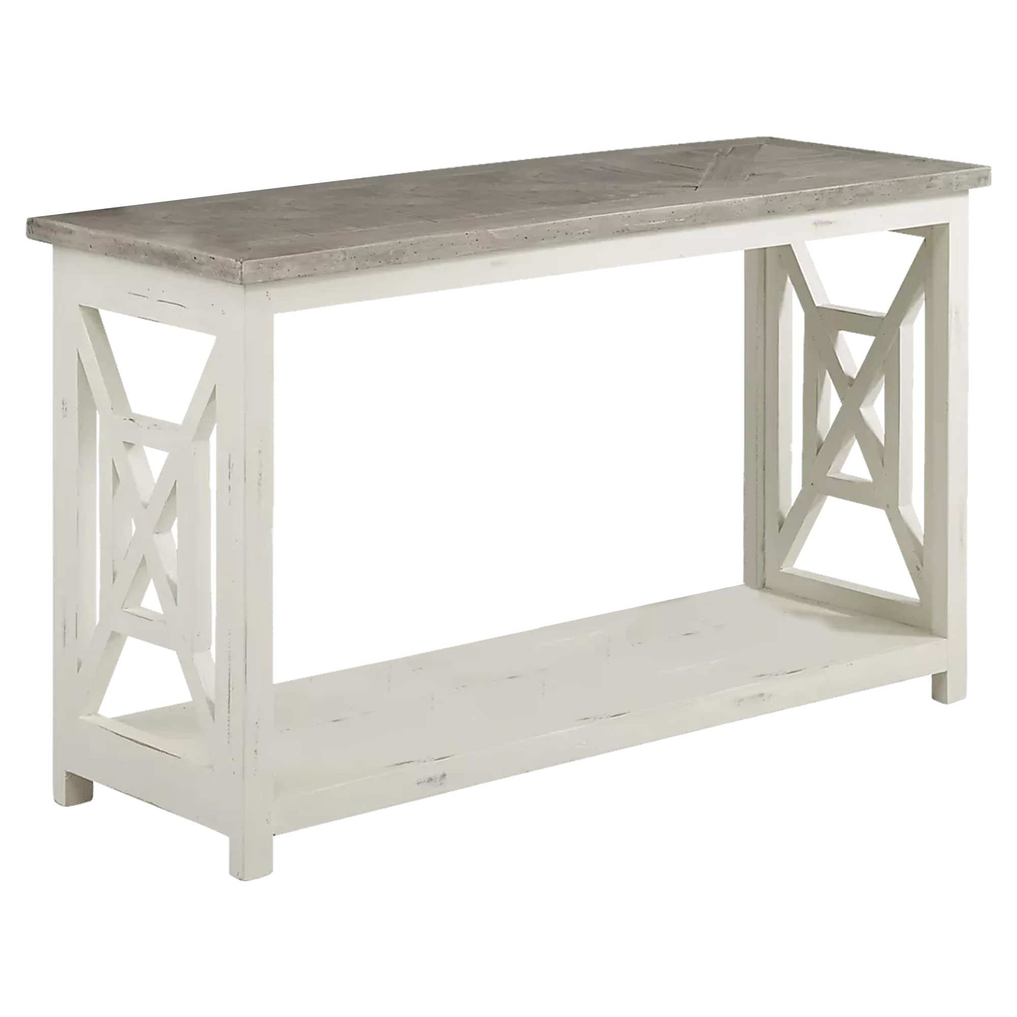 The Urban Port Pari Solid Wood Sofa Console Table with X Shape Side Panels, White and Brown