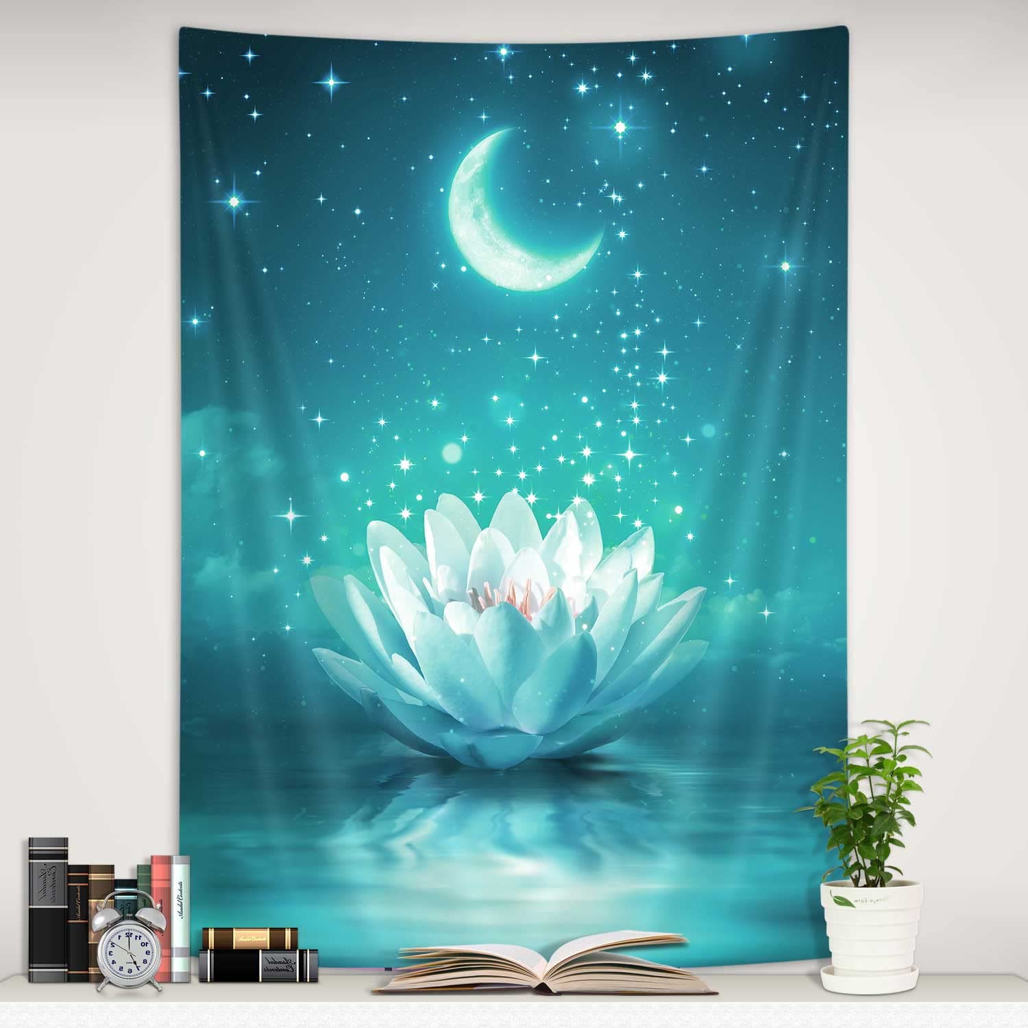 Boziqr Moon Tapestry for Bedroom, Flower Floral Vertical Tapestry Wall Hanging, Psychedelic Art Teal Tapestries Living Room Dorm