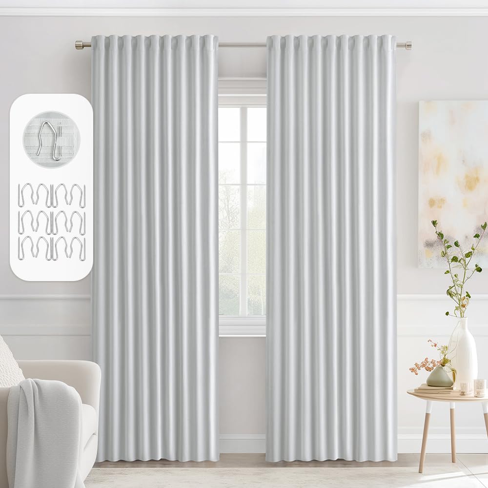 Miulee Back Tab Light Blocking Curtains 90 Inch Long 2 Panels Set For Living Room Bedroom, Greyish White Rod Pocket/Pinch Pleated Thermal Insulated Room Darkening Blackout Curtains, 52 X 90 Inch