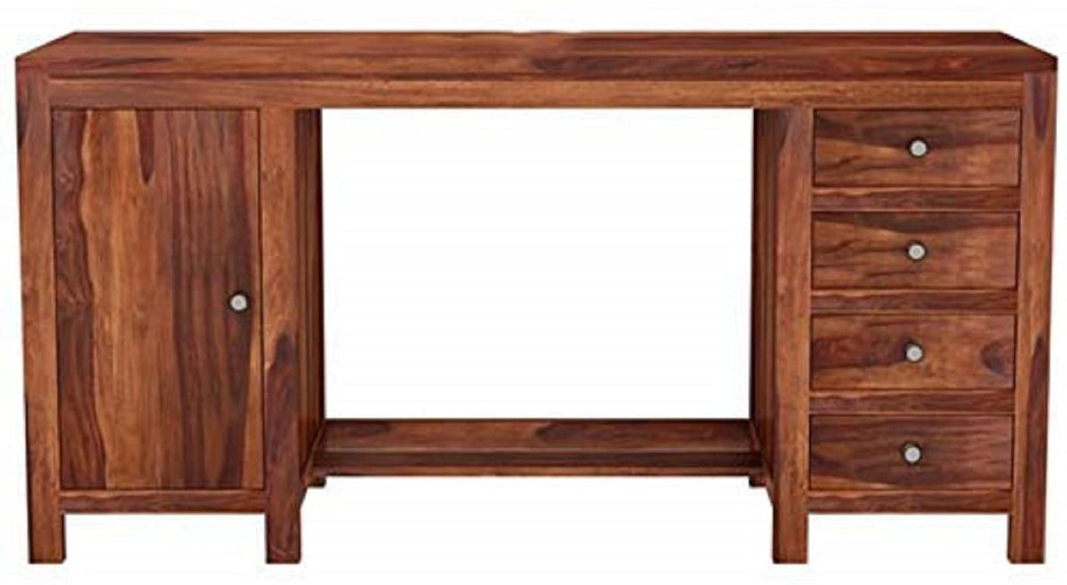 Shikha Wood Craft Sheesham Wood Study Table With 4 Drawers And 1 Door Cabinet Storage | Wooden Workstation Laptop Desk Furniture
