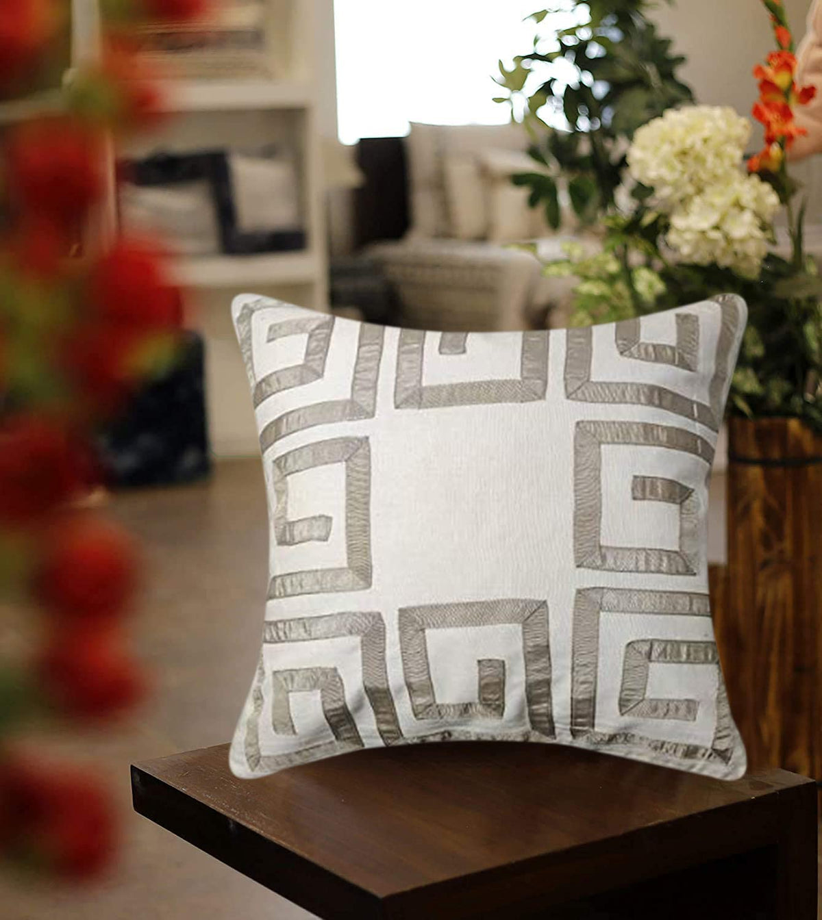 Sajavat Home Cc69 Cotton Floral Stripe Embroidered Cushion Cover (Pack Of 1) 18X18 Inches /45X45 Cm Green (White & Beige, Cotton
