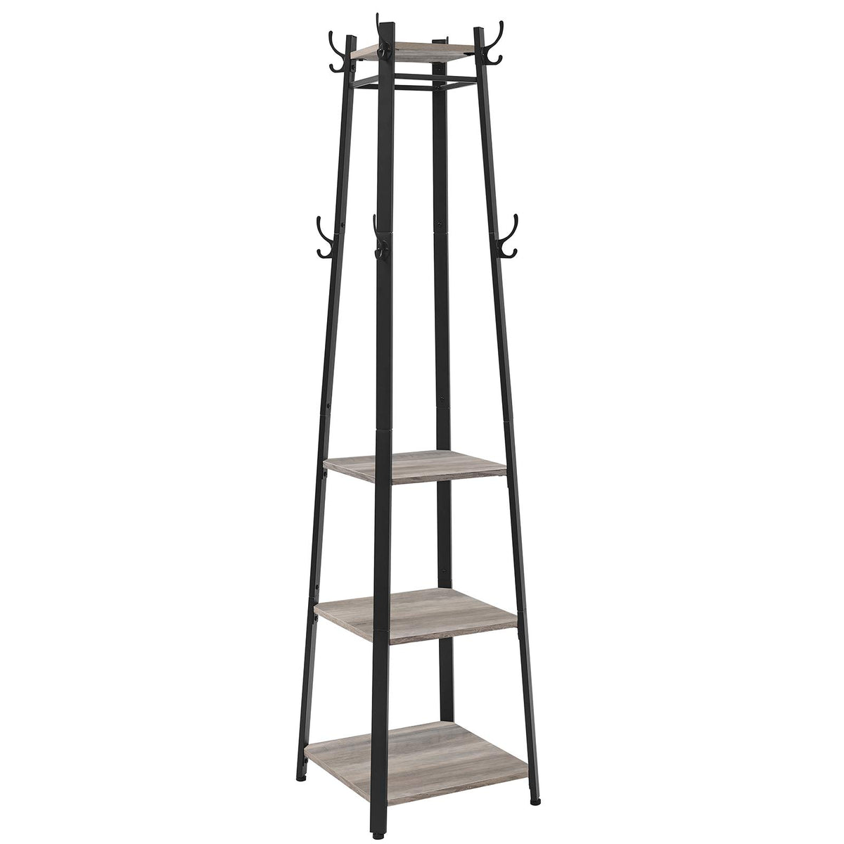 VASAGLE Coat Rack, Coat Stand with 3 Shelves, Hall Tree Free Standing with Hooks for Scarves, Bags, Umbrellas, Steel Frame, Indu