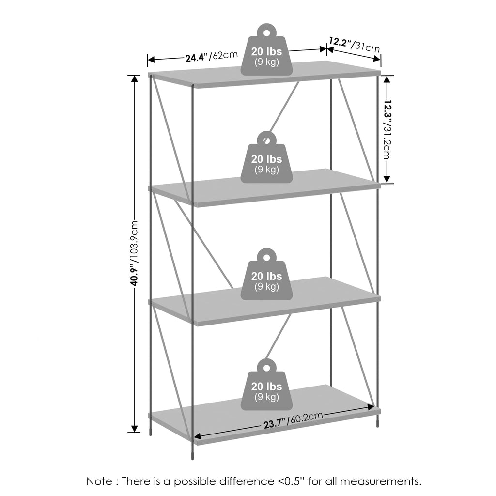 Furinno Wire 4-Tier Industrial Style Metal Frame Bookcase, Display Shelf, 24 Wide, Walnut Cove