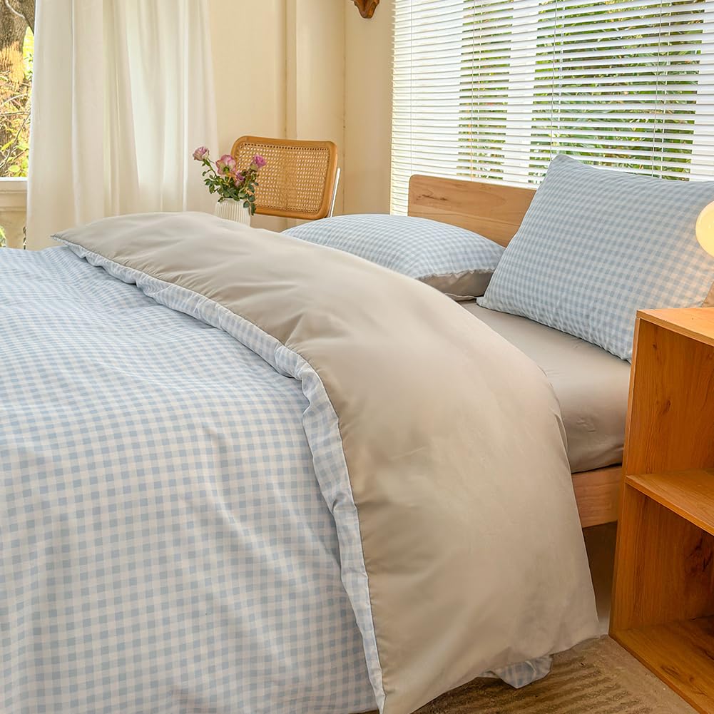 Nsnlgsgc Light Blue Gingham Duvet Cover Set Queen, Blue Grid Simple Geometric Square Pattern Comforter Cover,Soft Plaid Washed M
