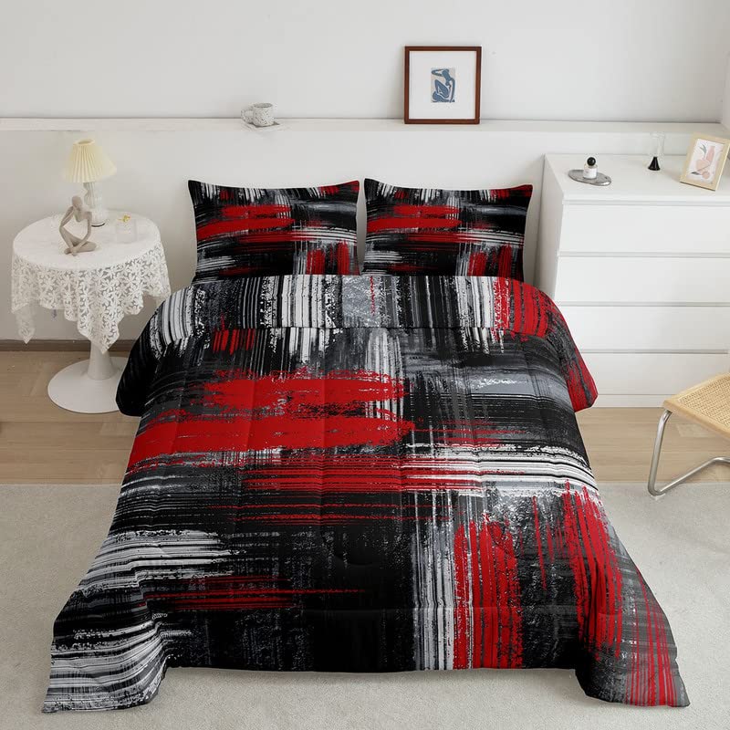 Feelyou Red Black and Grey Comforter Geometric Artistic Smear Comforter Set Abstract Graffiti Art Bedding Set Contemporary Moder