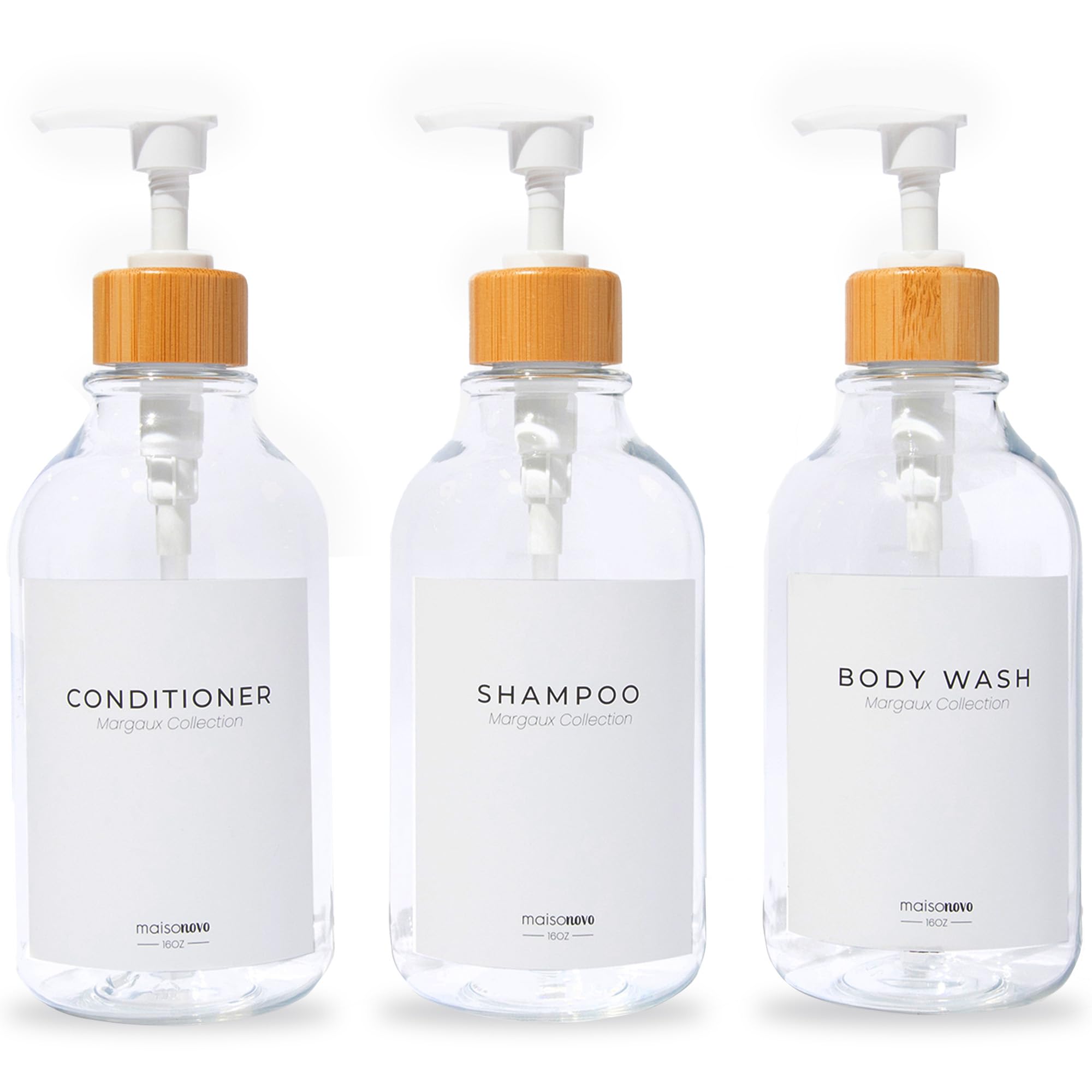 MaisoNovo Refillable Shampoo and Conditioner Bottles | 16.9 fl oz Set of 3 Clear Plastic Bottles White Bamboo Pumps
