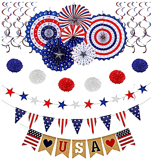 eBoutik  Patriotic 4th of July Decorations Set  Red White Blue Party Decor with Hanging Fans, USA Banner, Star Garland & Spira