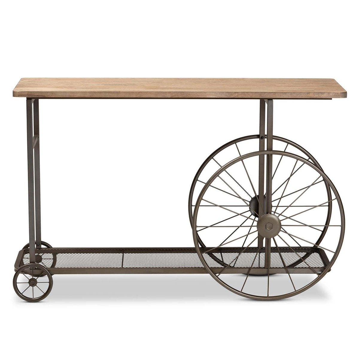 Baxton Studio Terence Vintage Rustic Industrial Natural Finished Wood and Black Finished Metal Wheeled Console Table
