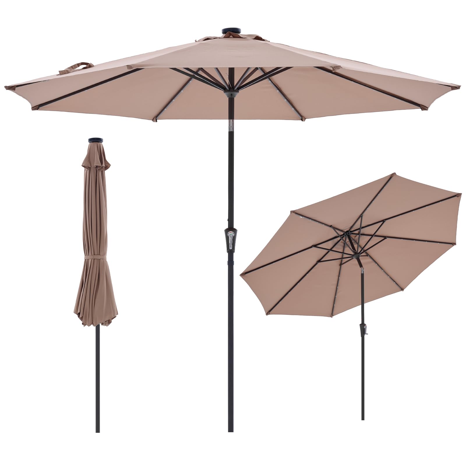 NEWBULIG 10FT Solar LED Lights Patio Umbrella, Outdoor Umbrella Adjustable Angles and Height, UV Resistant, for Day, Night, Shad
