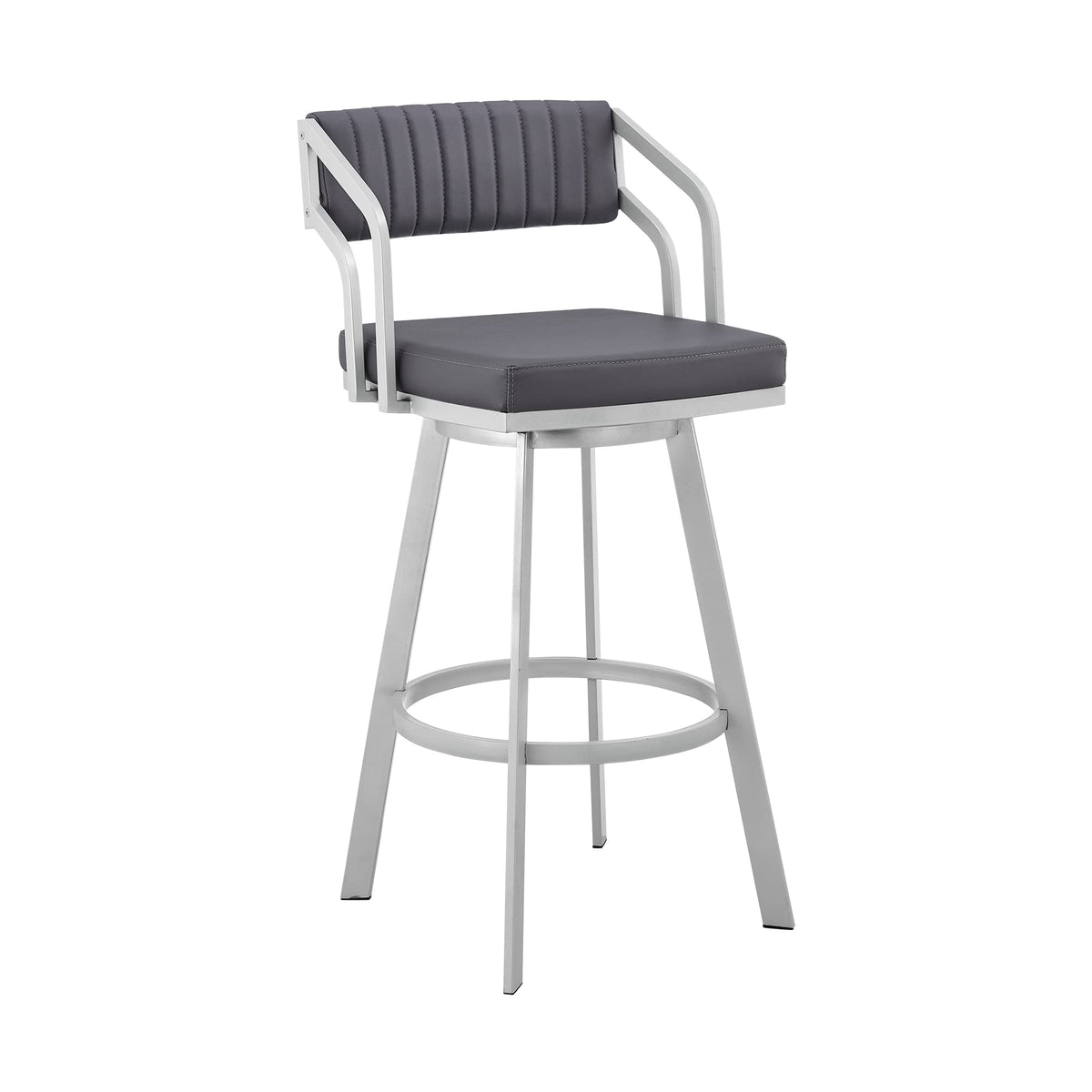 Armen Living Capri Modern 30 Inch  Seat Height Gray Faux Leather And Silver Steel Metal Swivel Bar Stool For Kitchen Island Counter