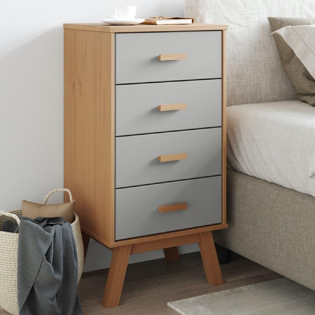 vidaXL Olden Bedside Cabinet - Scandinavian Solid Pine Wood Nightstand in Gray/Brown with 4 Drawers - 17.7" x 15.4" x 35.4" for Bedroom Storage