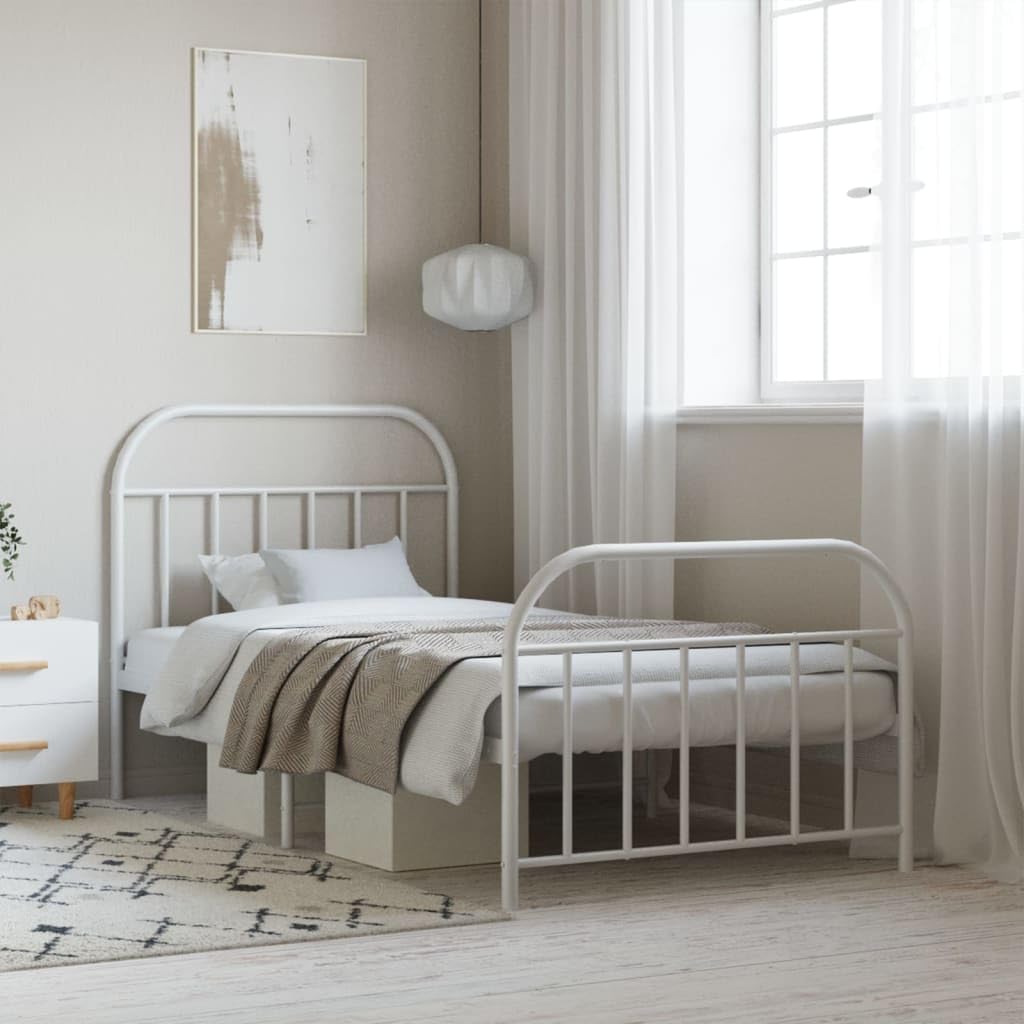 vidaXL Metal Bed Frame with Headboard and Footboard, Powder-Coated Steel Construction, Breathable Design, Extra Under-Bed Storage Space, White, Fits 39.4"x74.8" Mattress